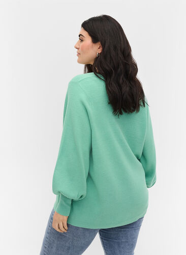 Knitted blouse with v-neck and puff sleeves, Dusty Jade Green Mel, Model image number 1
