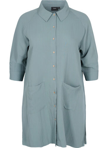 Long viscose shirt with pockets and 3/4 sleeves, Balsam Green, Packshot image number 0