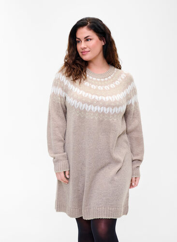 Patterned knit dress with wool, Simply Taupe Comb, Model image number 0