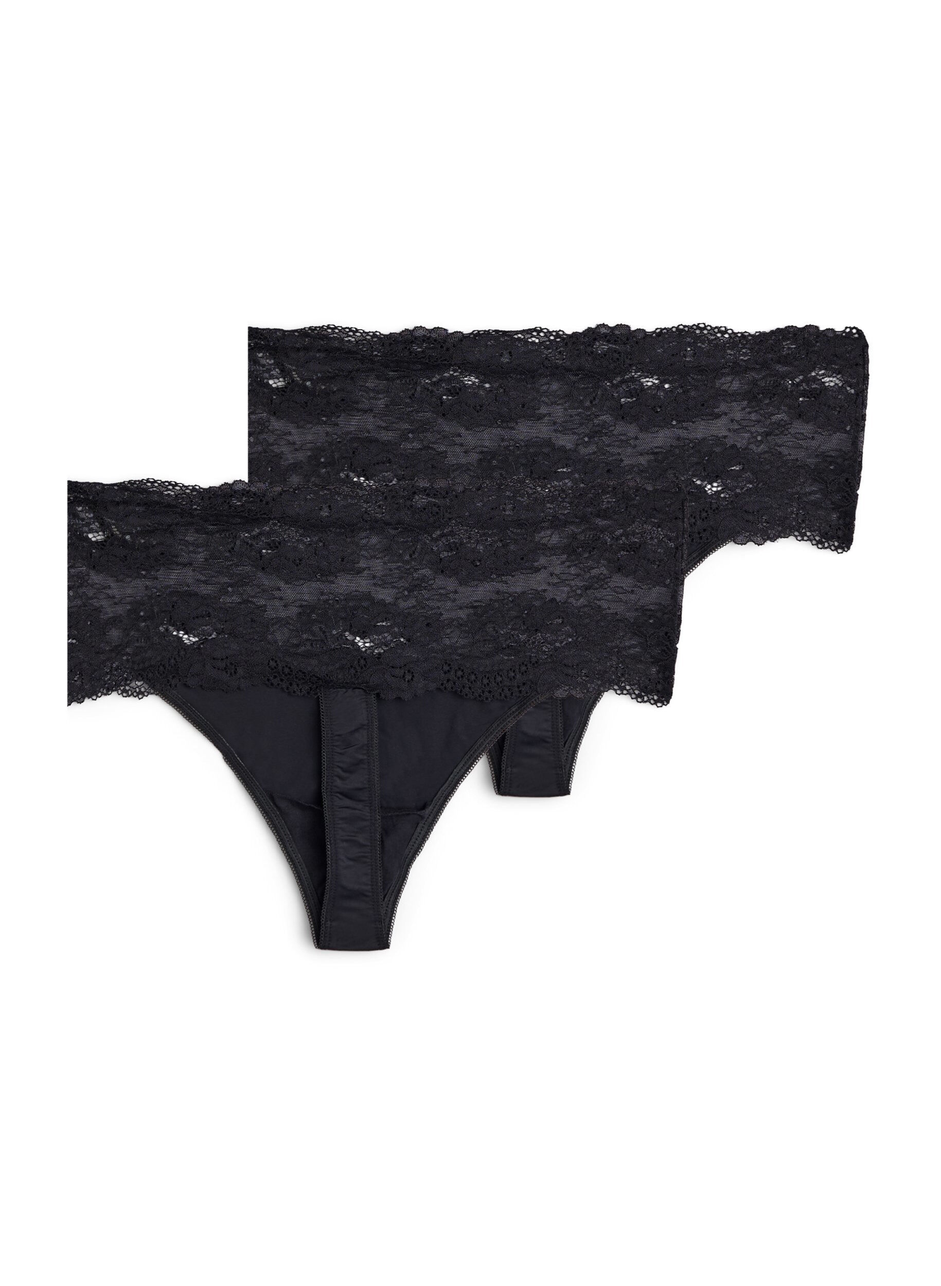 Zizzifashion 2-pack thong with wide lace edge, Black, Packshot image number 1