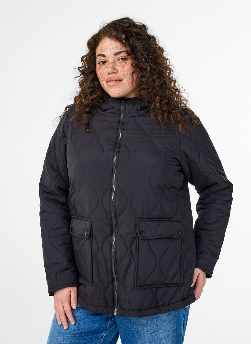 Quilted jacket with a hood and pockets, Black, Model image number 0