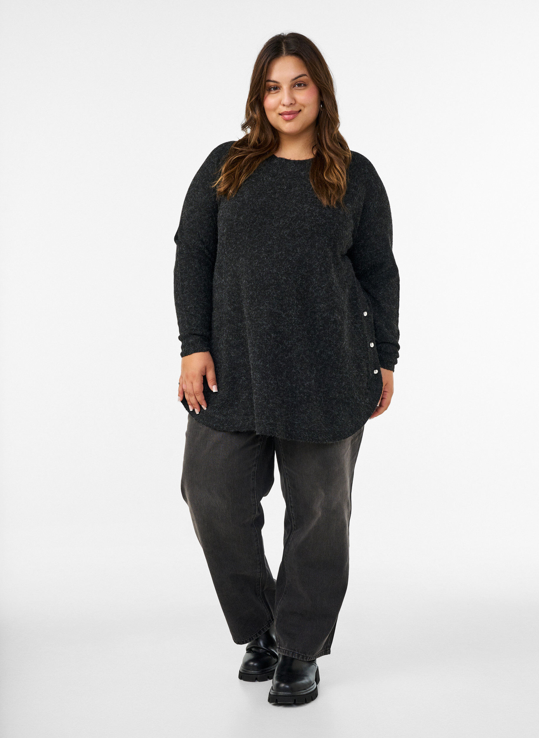 ZizzifashionLong knitted blouse with ball buttons, Dark Grey, Model image number 1