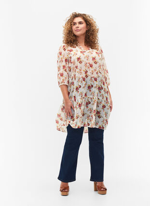 FLASH - Printed tunic with 3/4 sleeves, Off White Flower, Model image number 2