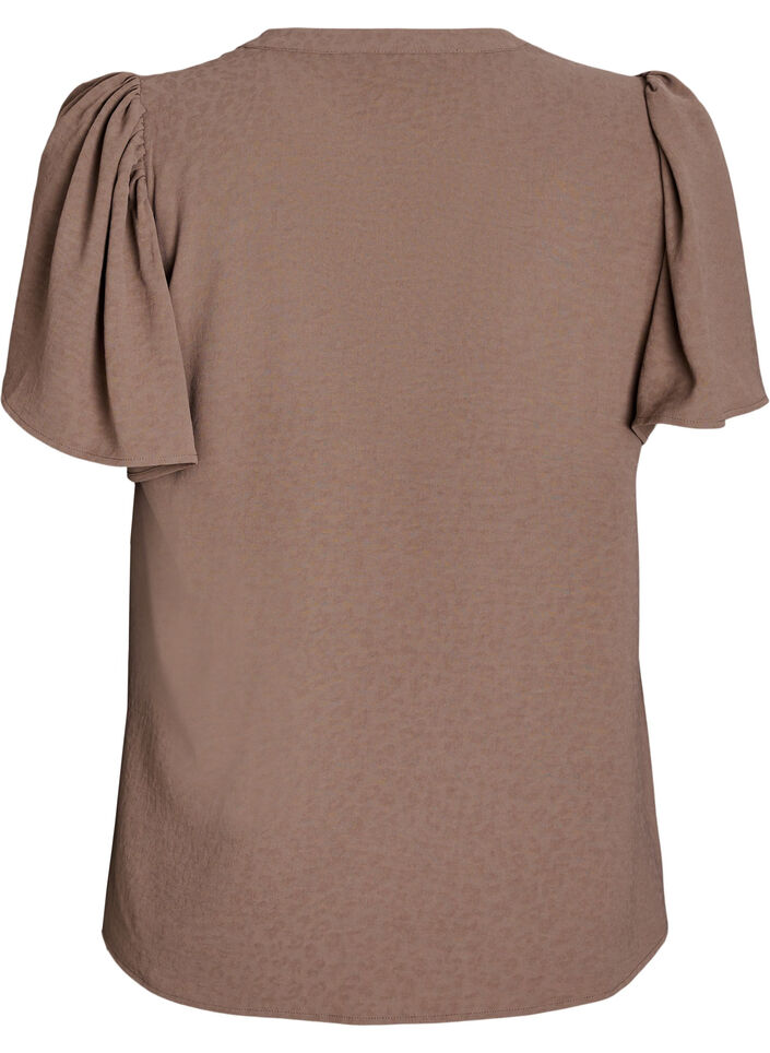 Blouse with short ruffle sleeves and V-neck, Brown, Packshot image number 1