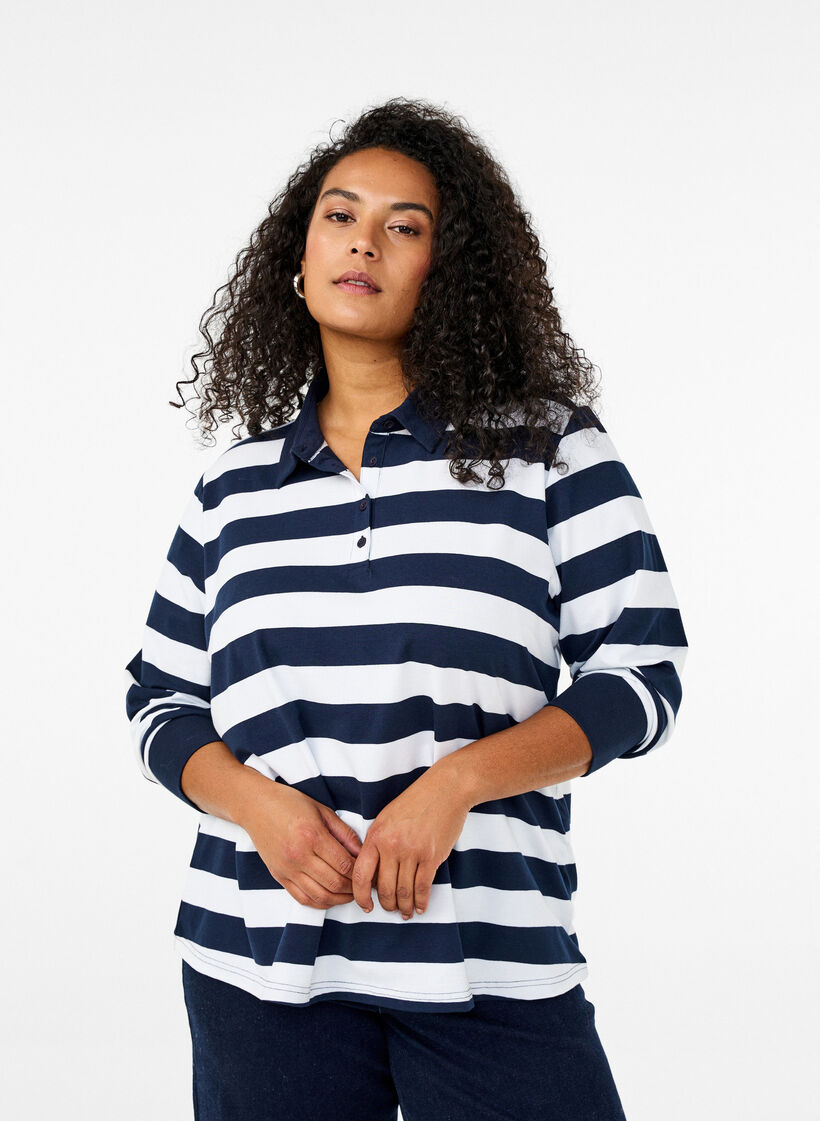 Long-sleeved polo shirt with stripes, Blue, Model image number 0
