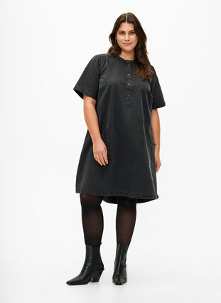 A-shape denim dress with short sleeves, Grey Denim, Model image number 2