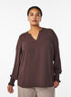 Blouse with smock cuffs and V-neck, Brown, Model image number 0