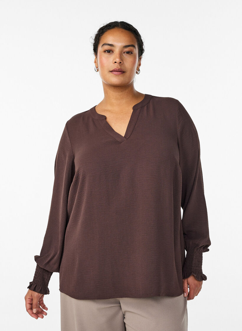 Blouse with smock cuffs and V-neck, Brown, Model image number 0