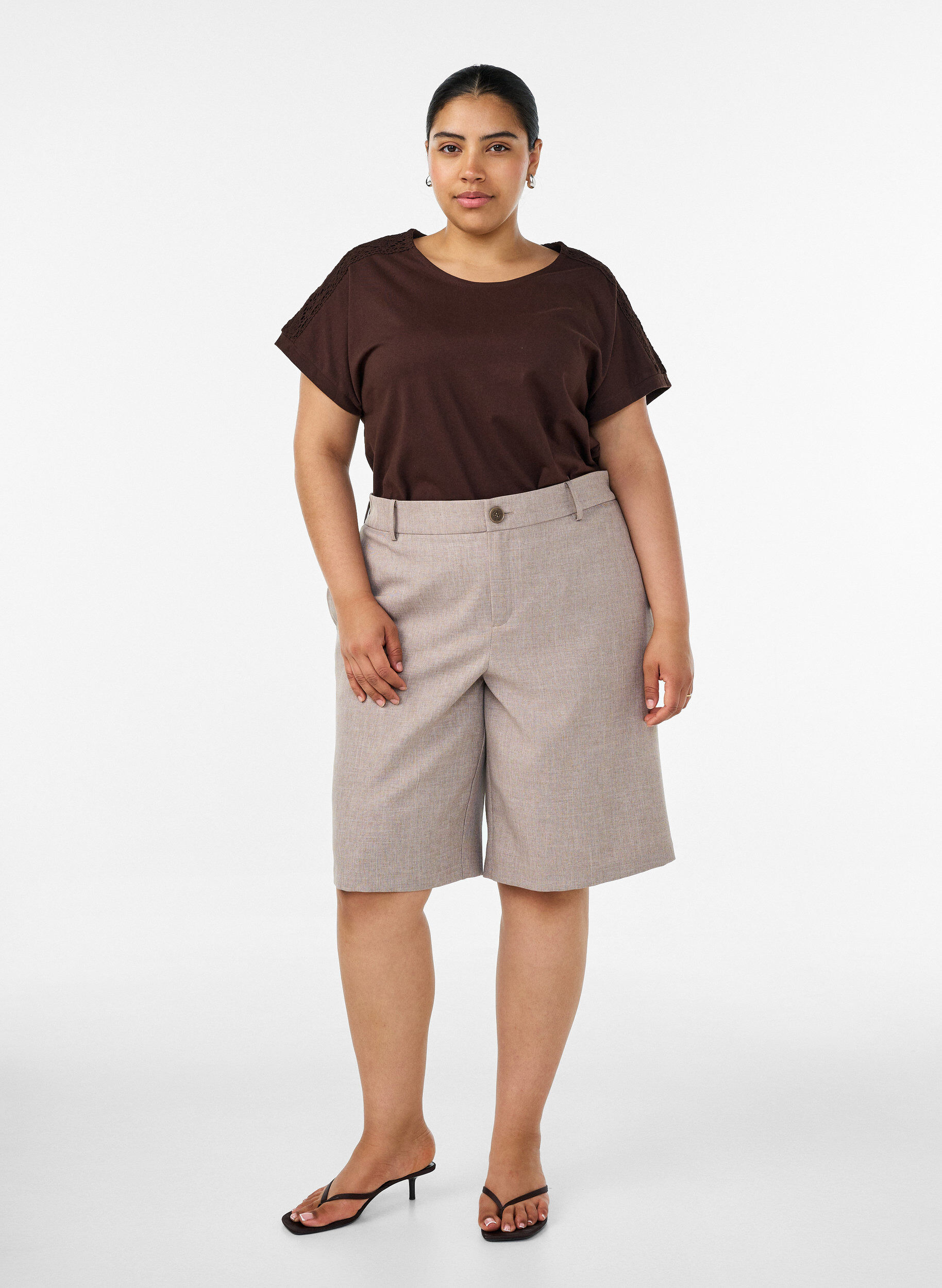 ZizzifashionCotton T-shirt with crochet detail, Brown, Model image number 1