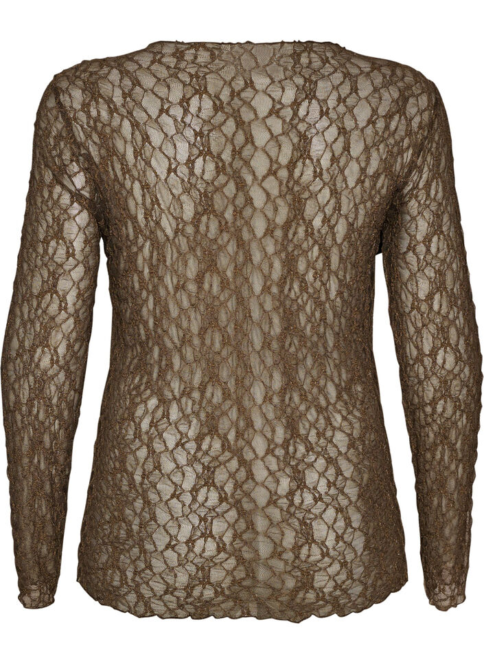 Mesh blouse with pattern and glitter thread, Brown, Packshot image number 1