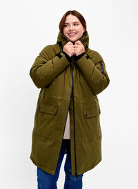 Functional winter jacket with hood and pockets, Winter Moss, Model