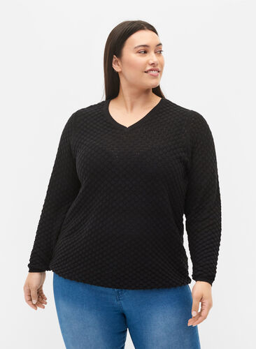Patterned knitted top with v-neckline, Black, Model image number 0