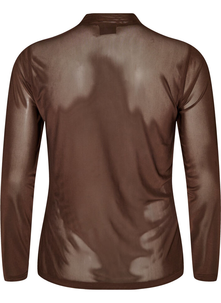 Fitted mesh blouse with long sleeves, Brown, Packshot image number 1