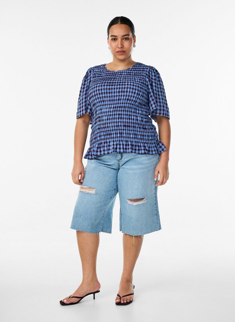 Smock blouse with gingham check and ruffle hem, Blue, Model image number 1