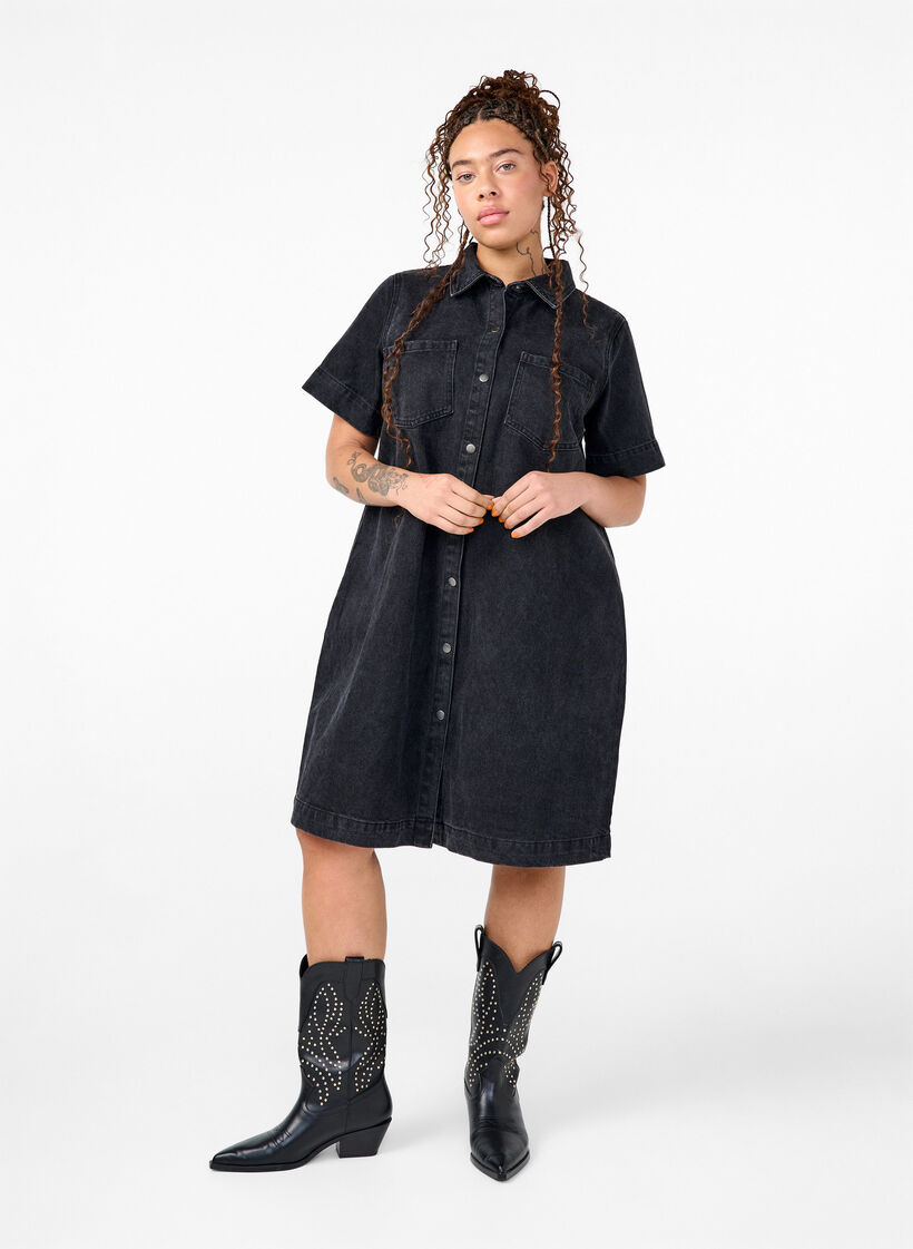 Long denim shirt with short sleeves, Grey Washed, Model image number 2