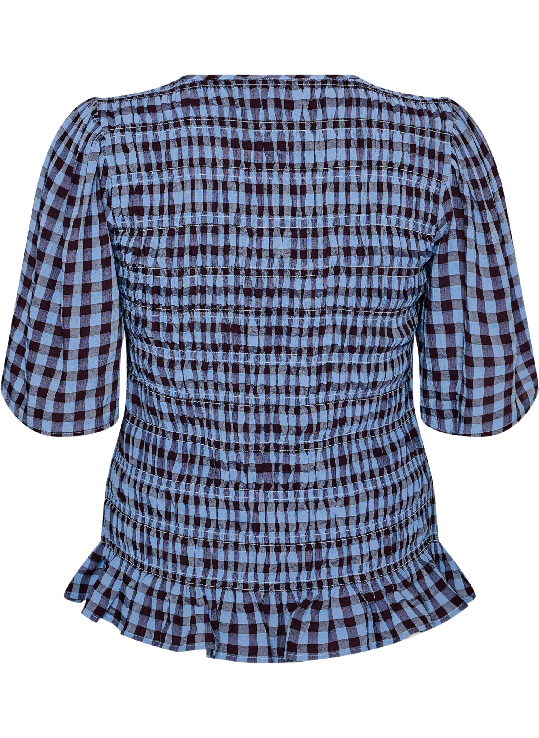 ZizzifashionSmock blouse with gingham check and ruffle hem, Blue, Packshot image number 1