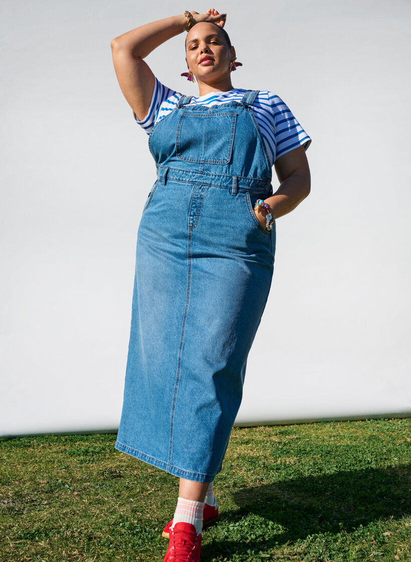 Midi denim overall dress, Blue, Image image number 0