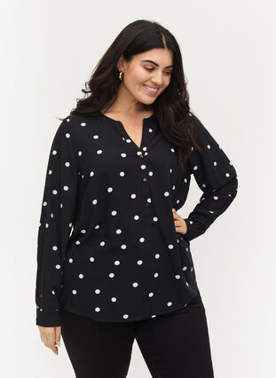 Patterned viscose blouse with long sleeves, Black Dot, Model image number 0