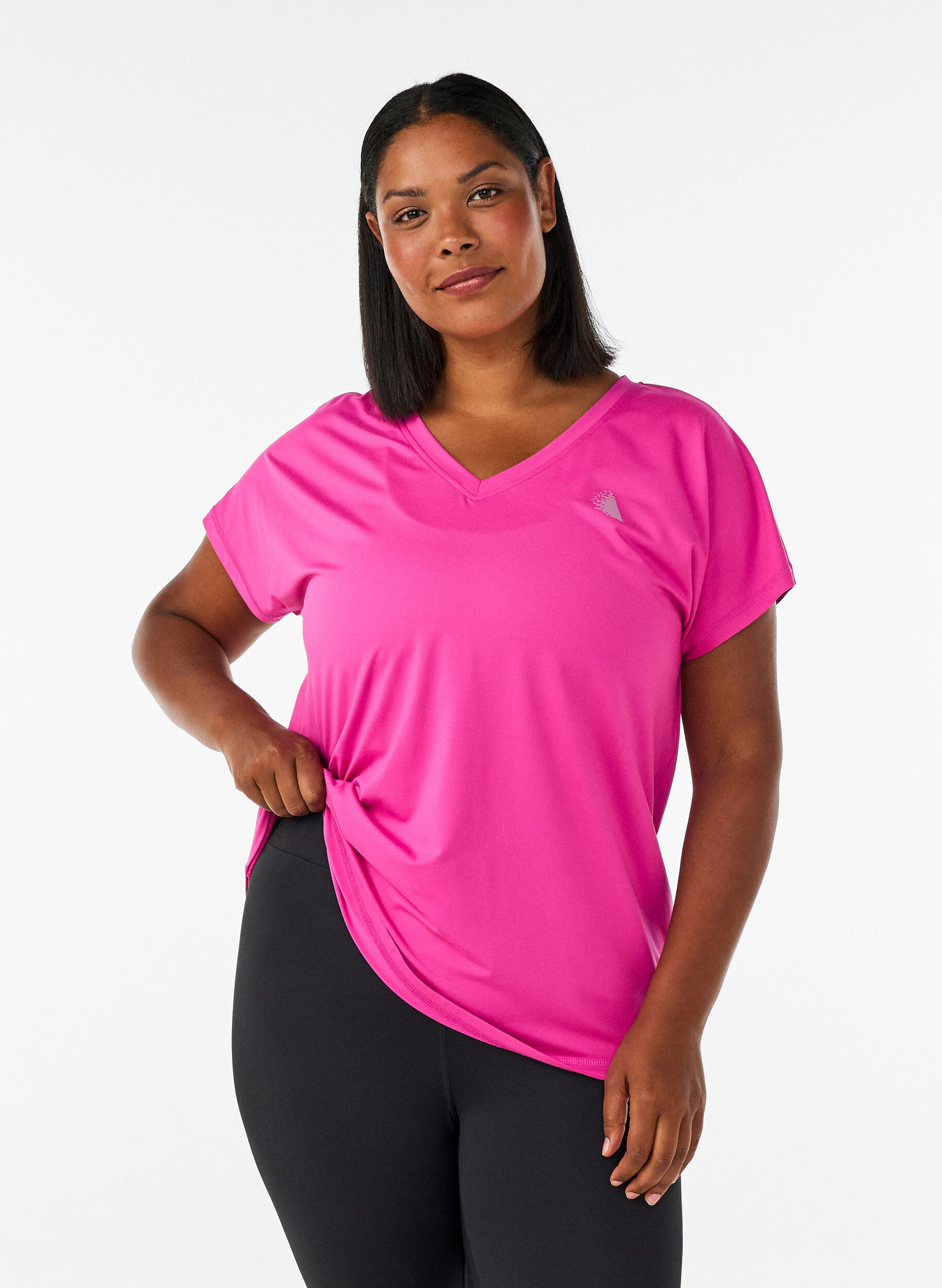 Loose training t-shirt with v-neck, Pink, Model