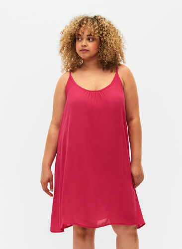 Solid colour strap dress in viscose, Bright Rose, Model image number 0