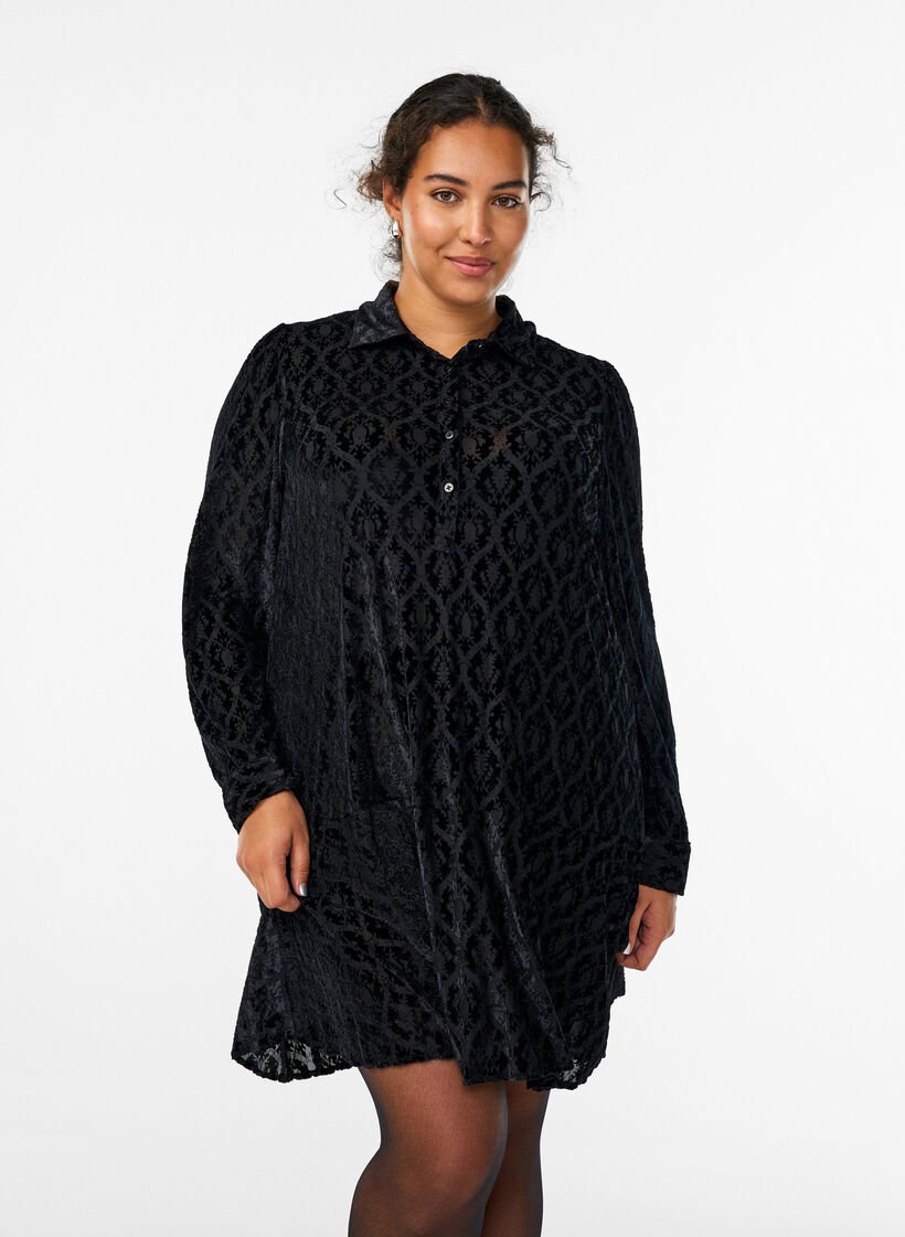 Short dress with a velour pattern, Black, Model image number 0