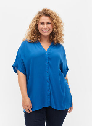 Short-sleeved viscose shirt with v-neck, Classic Blue, Model image number 0