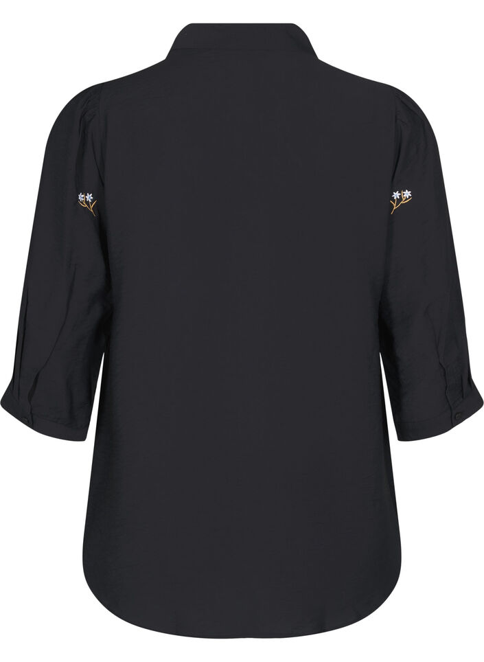 Blouse with 3/4 sleeves and floral embroidery, Black, Packshot image number 1