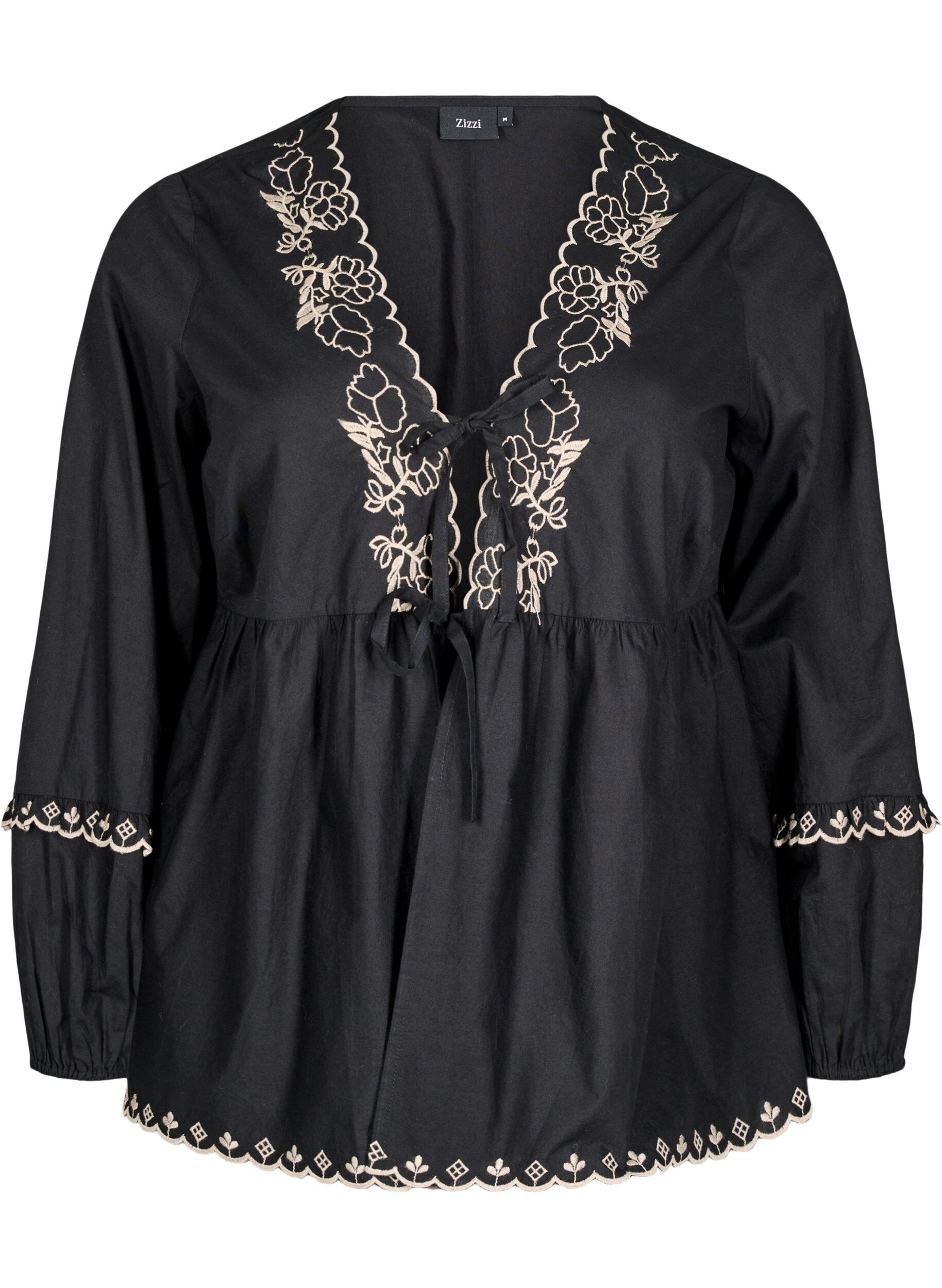 Zizzifashion Blouse with open front and embroidered details, Black, Packshot image number 0