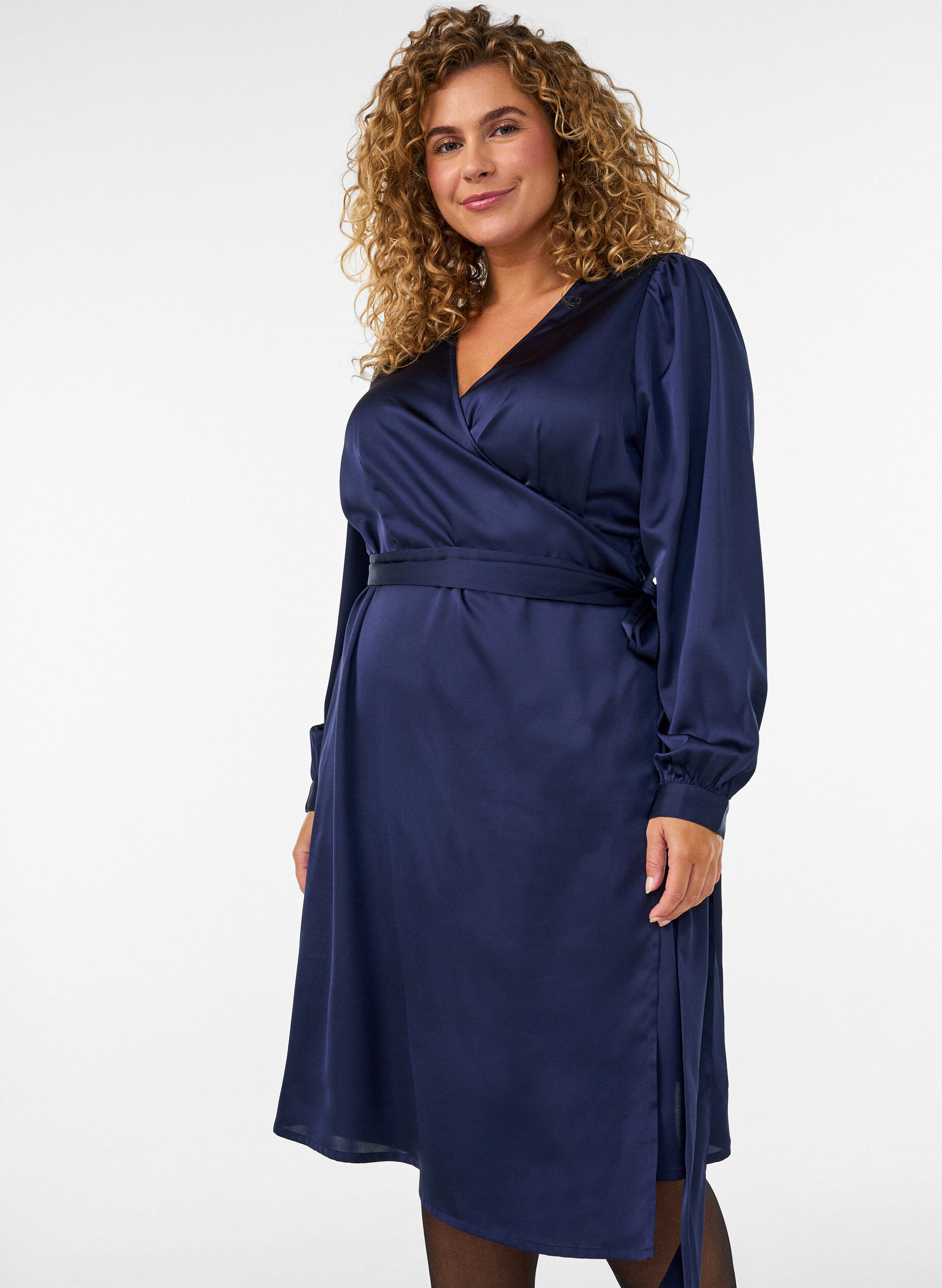 ZizzifashionShort satin dress with wrap design, Blue, Model image number 0