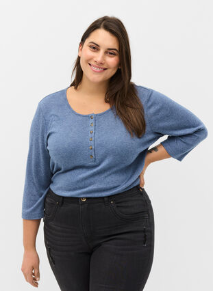 Plain blouse with buttons and 3/4 sleeves, Blue Melange, Model image number 0