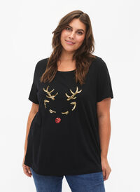 Christmas T-shirt with sequins, Black W. Reindeer, Model