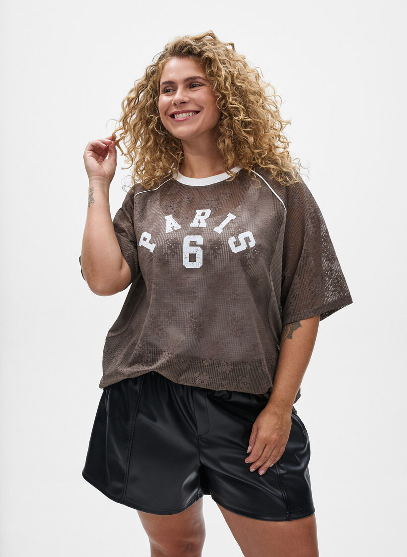 Lace T-shirt with text print, Brown, Model image number 0