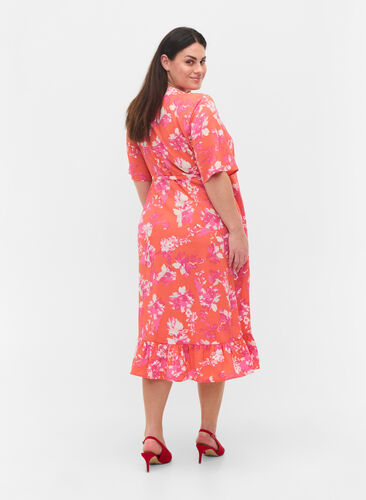 Printed short-sleeved wrap dress, Orange AOP, Model image number 1