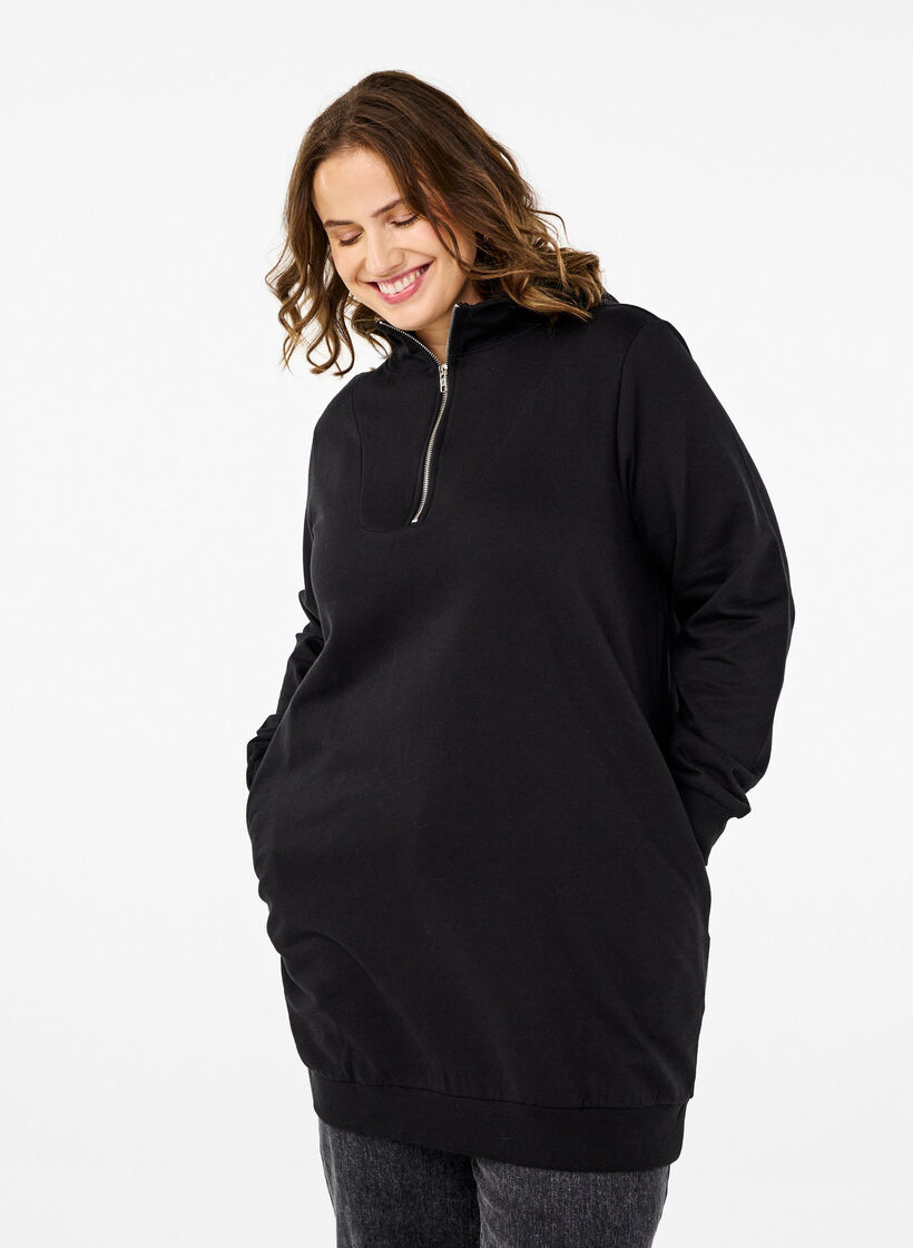 Sweat tunic with hood and zip, Black, Model image number 0
