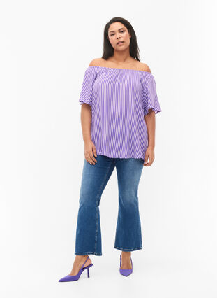Plain viscose blouse with short sleeves, Deep L./White Stripe, Model image number 2