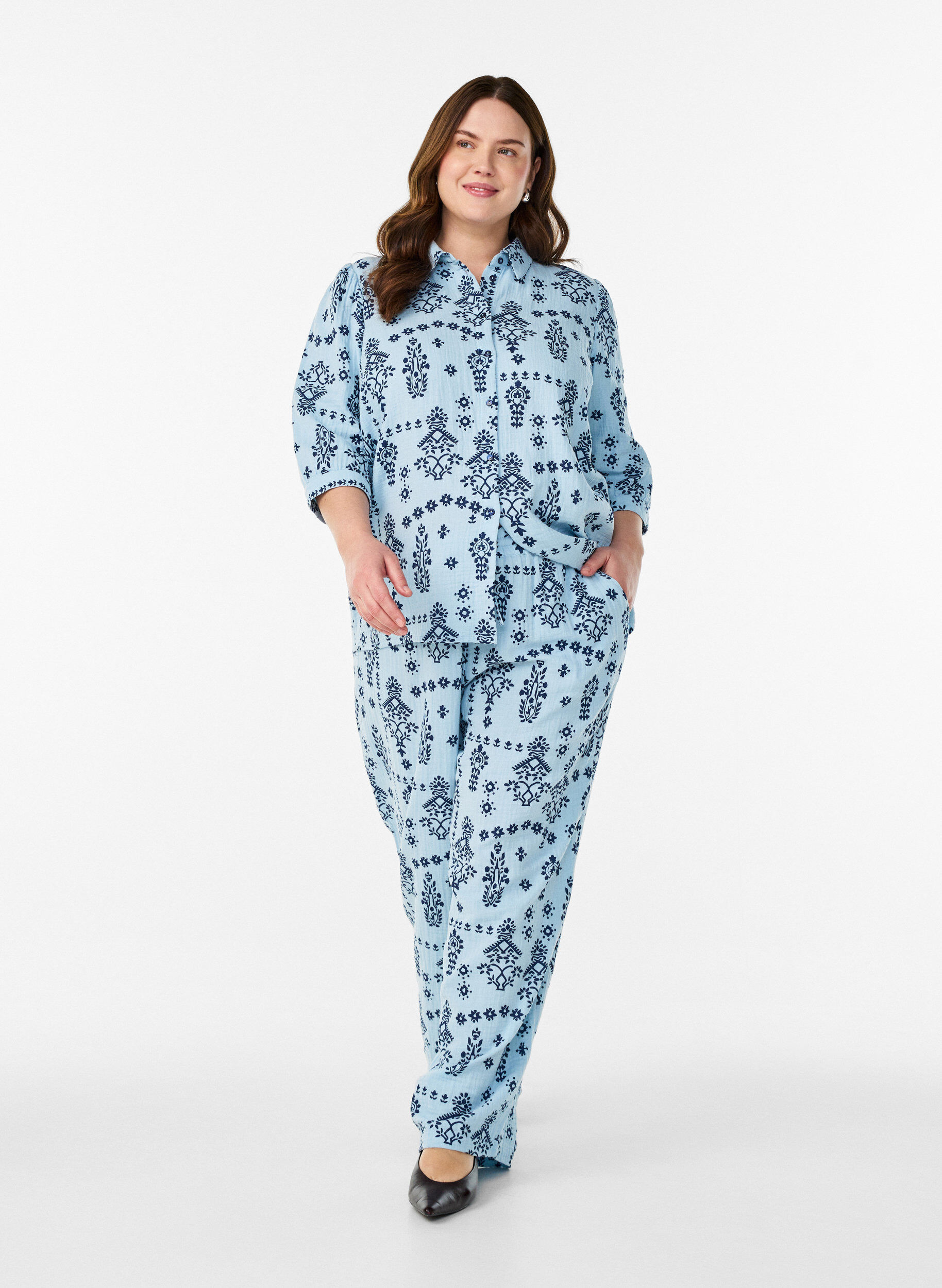 Zizzifashion Shirt blouse with 3/4 sleeves, Light Blue, Model image number 1