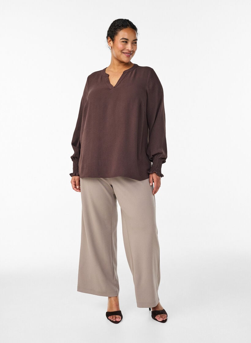 Blouse with smock cuffs and V-neck, Brown, Model image number 1