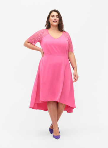 Midi dress with short lace sleeves, Shocking Pink, Model image number 0
