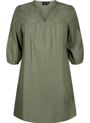 Dress in a cotton blend with linen and crochet detail, Deep Lichen Green, Packshot image number 0
