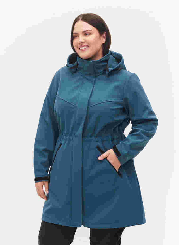 Long, hooded softshell jacket, Stargazer Solid, Model image number 0