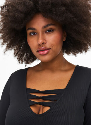 Tight-fitting dress with V-neck and strap detail, Black, Model image number 2