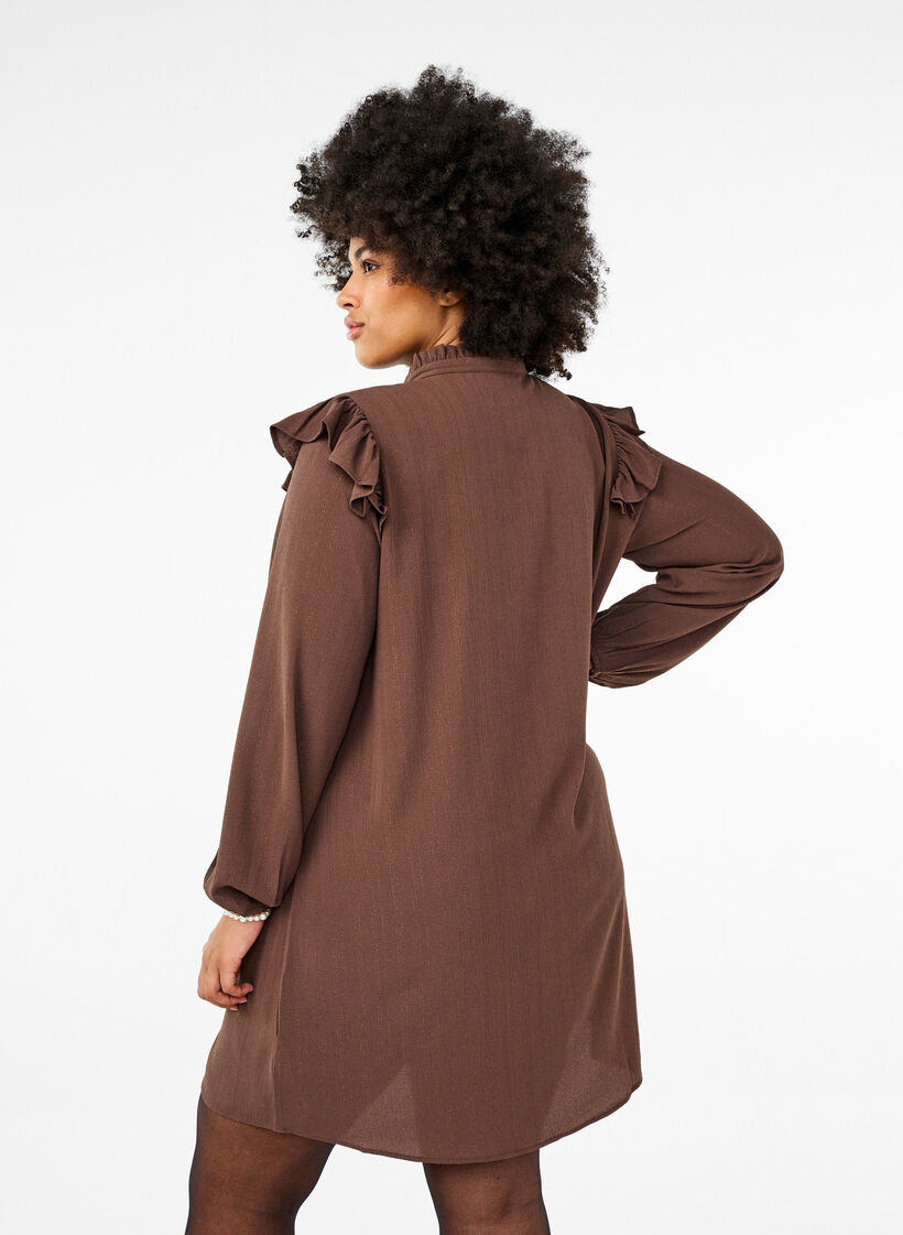 Short dress with ruffles and glitter, Brown, Model image number 2
