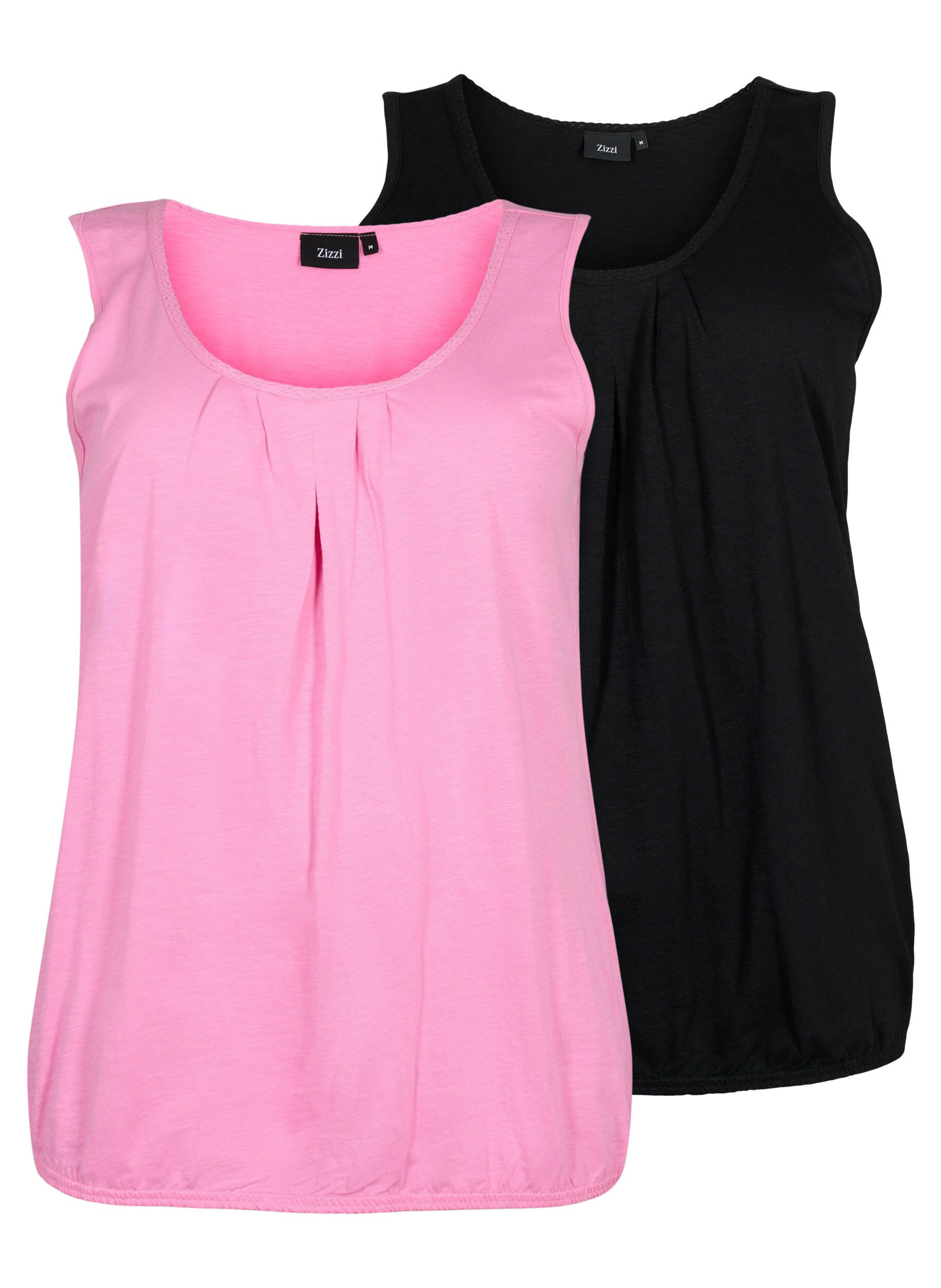 Zizzifashion 2-pack cotton top with lace trim, Rosebloom / Black, Packshot image number 0