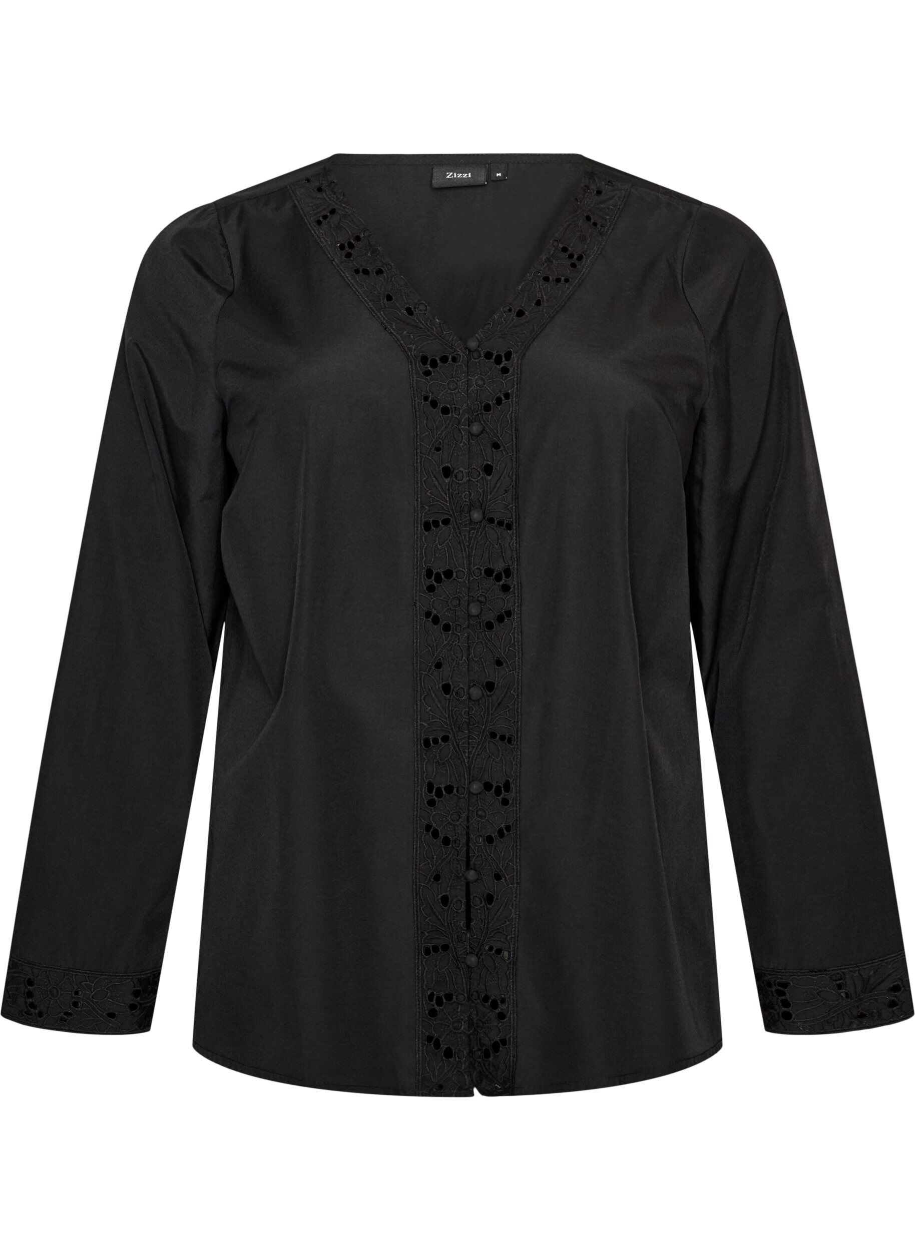 ZizzifashionShirt blouse with broderie anglaise, Black, Packshot image number 0