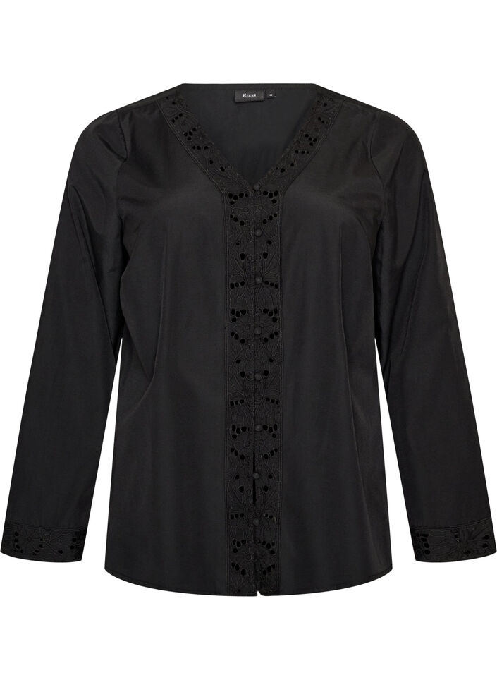Shirt blouse with broderie anglaise, Black, Packshot image number 0
