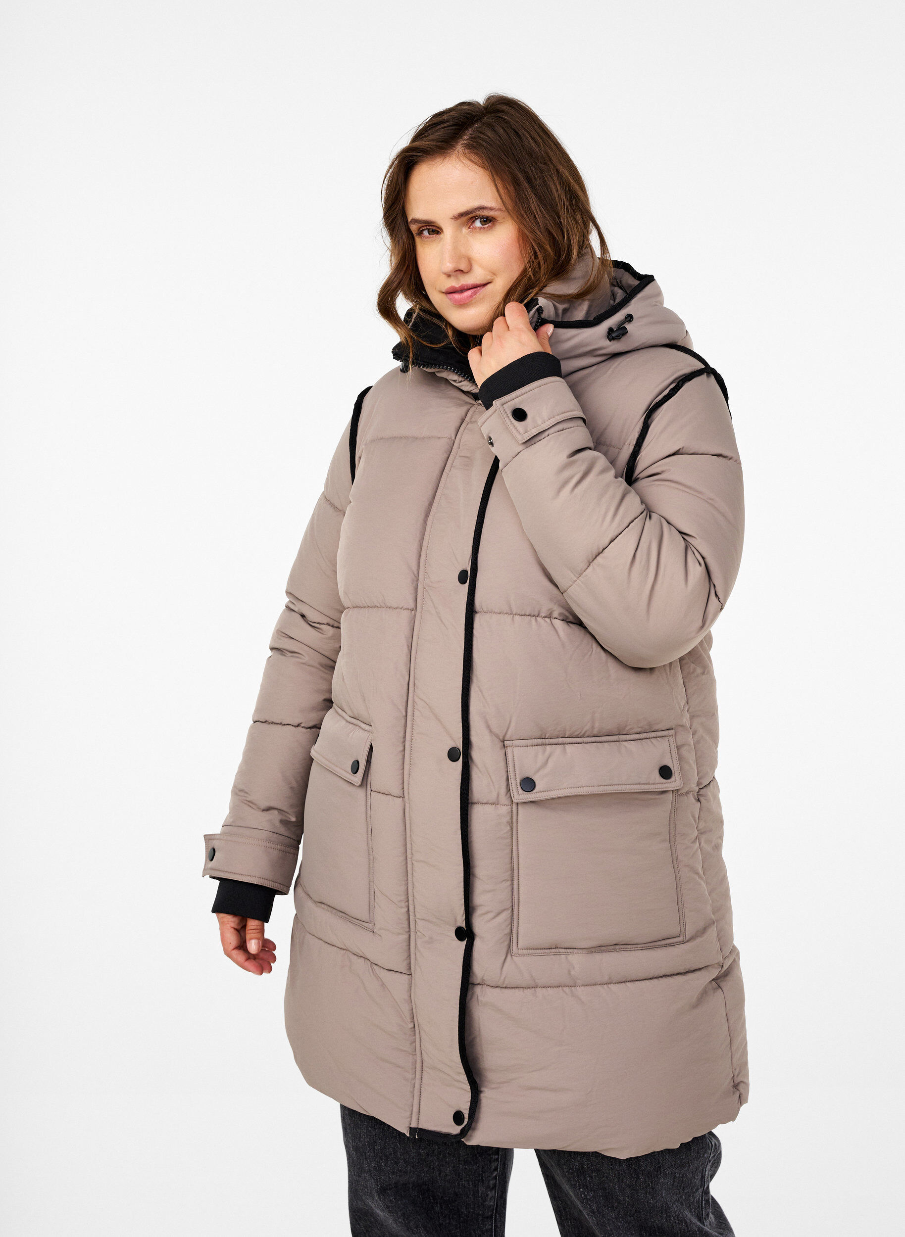Zizzifashion Puffer jacket with hood and contrast detailing, Beige, Model image number 0