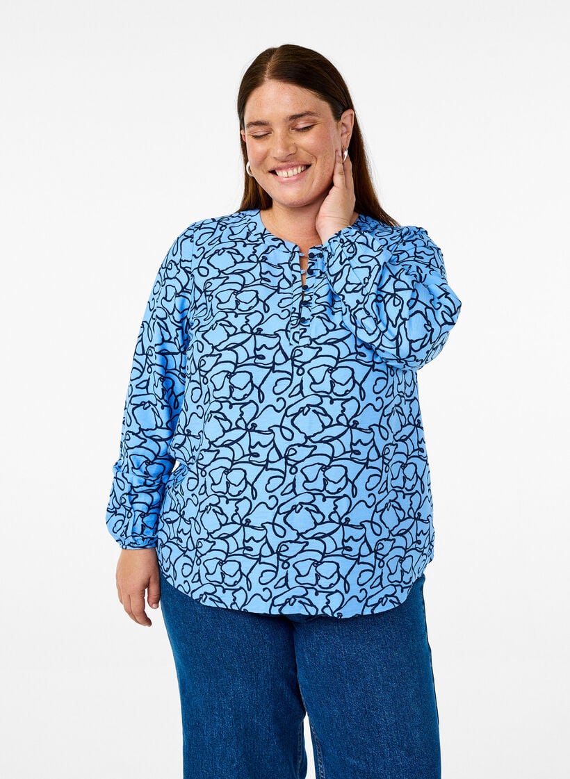 Long-sleeved blouse with pattern and buttons, Light Blue, Model image number 0