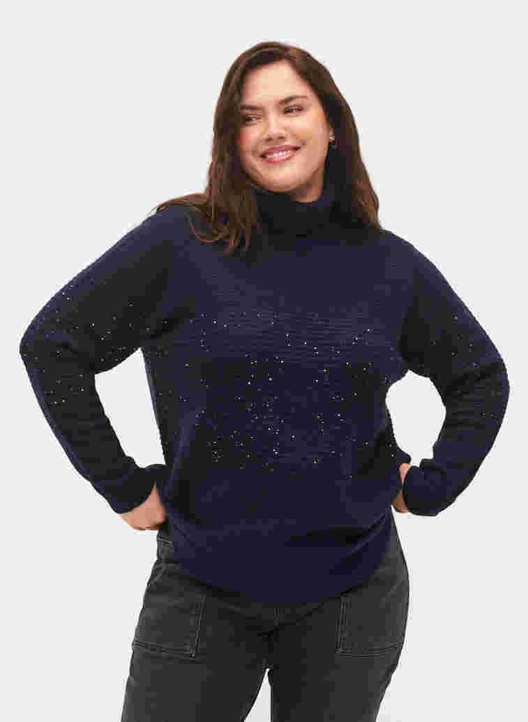 Knitted top with turtleneck and sequins, Navy Blazer, Model image number 0