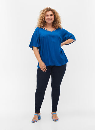 Short-sleeved viscose blouse with string detailing, Classic Blue, Model image number 2