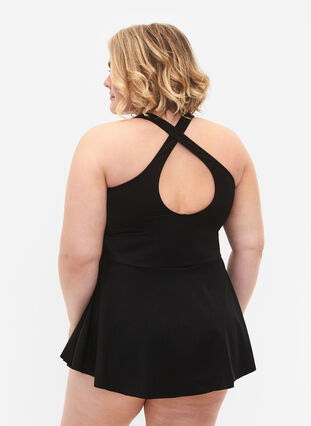 Swim dress with crossed back and skirt, Black, Model image number 1